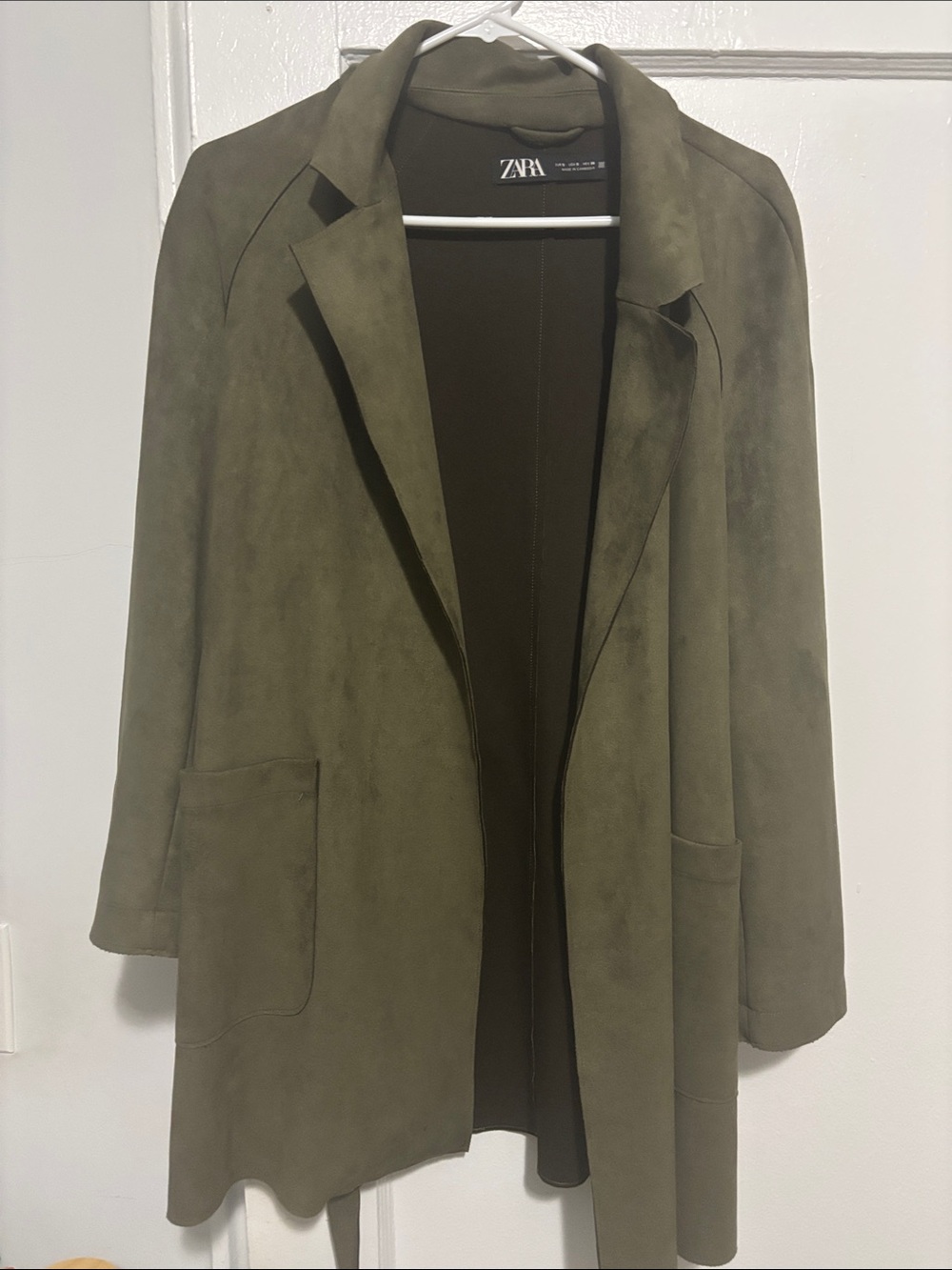 Zara Olive Green Suede-Look Trench with Self-Tie Belt